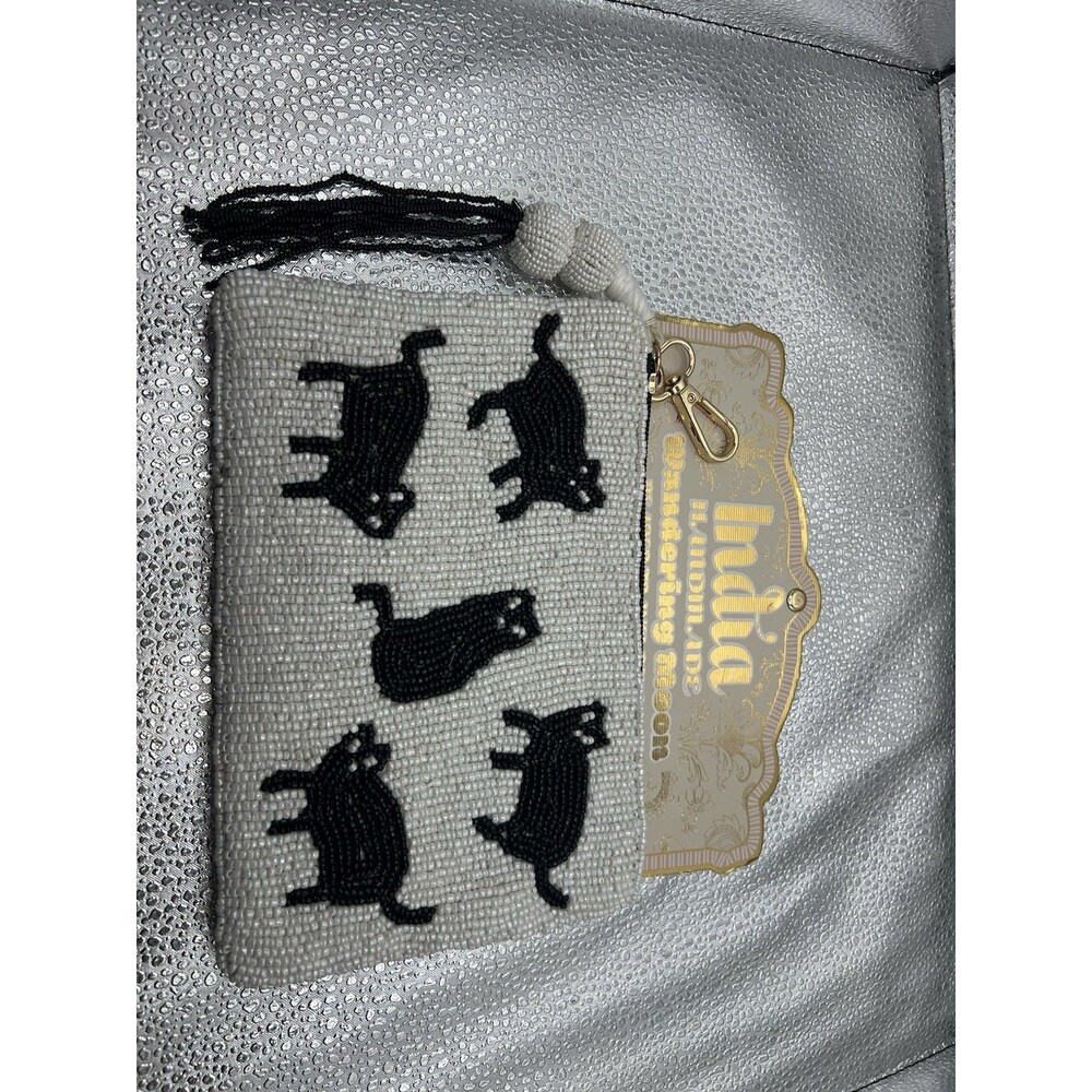 New Wandering Moon Black Cat Beaded Purse Wallet Wristlet Bag Zipper Tassel